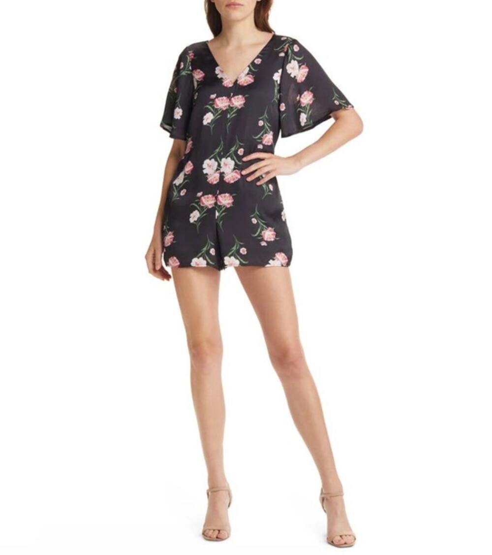 Chelsea28 Womens Floral Print V Neck Short Sleeve Romper Black Red Small Summer